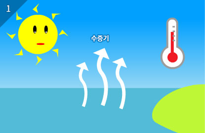 낮에는 따뜻한 기온으로 물이 수증기로 변해 공기중으로 퍼집니다.